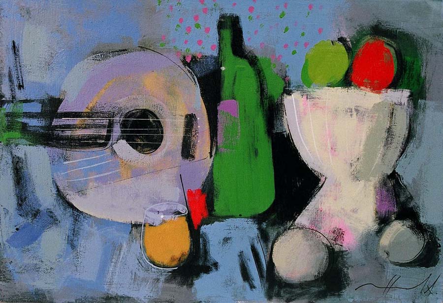 Night, wine and fruit. 